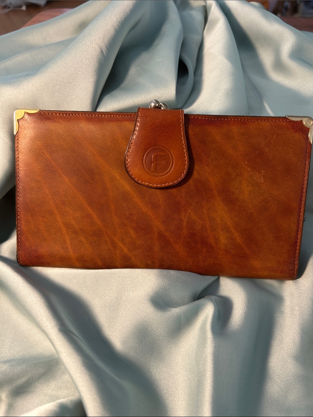 Italian Leather Wallet w/ kiss lock closure, in Cognac Brown